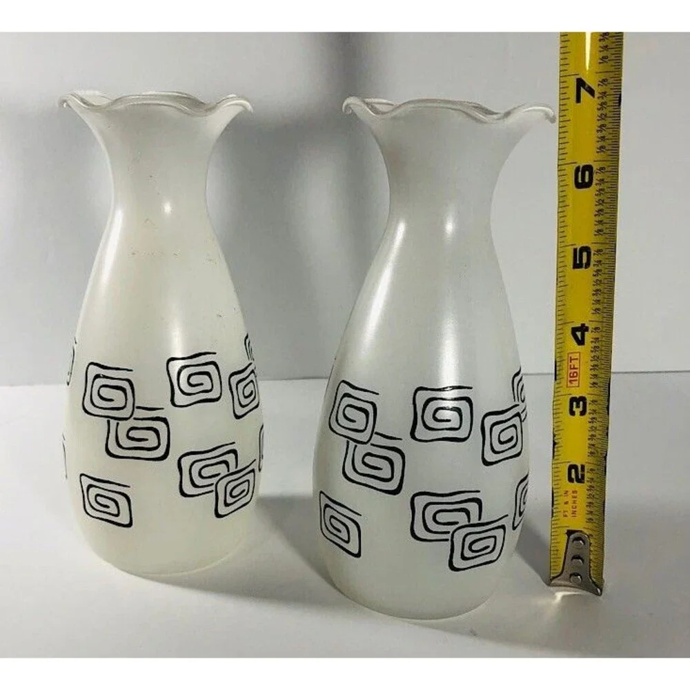 Vintage 1950’s MCM ATOMIC Set of 2-7 in Frosted White VASES  w/Black Mod Design